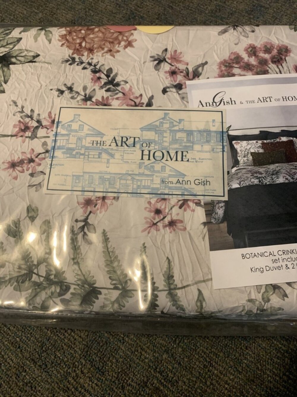 Ann Gish The Art Of Home King Botanical Crinkle Duvet Set Cover Two Shams Floral